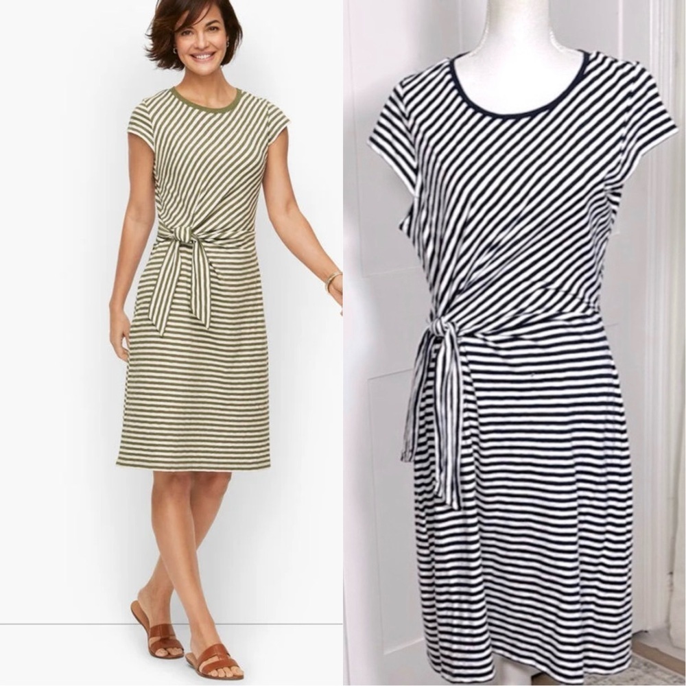 Talbots Navy White Striped Tie Waist Dress 100% Cotton Cap Sleeve L NWT